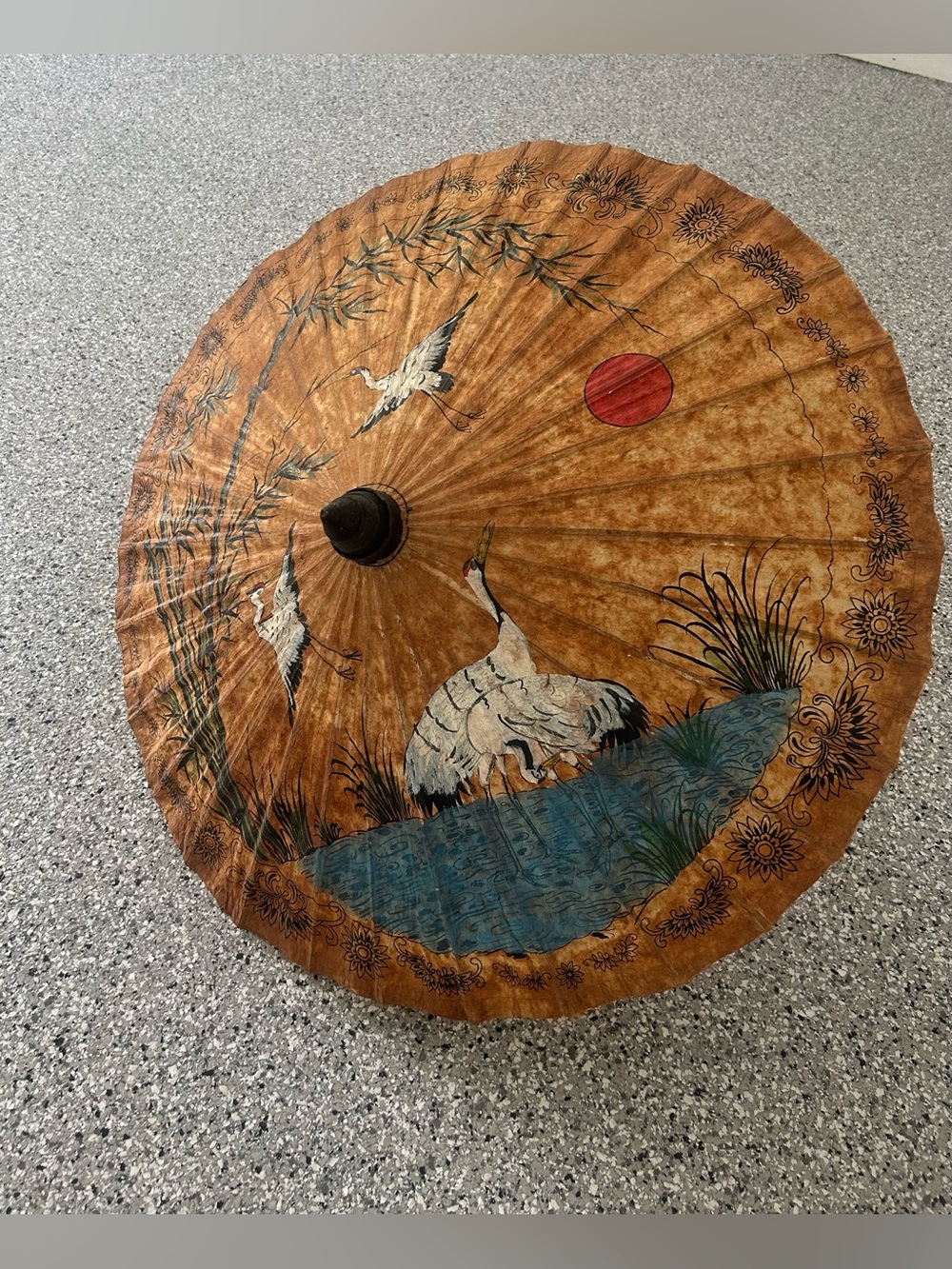1950s Vintage Japanese Bamboo & Rice Paper Parasol Oiled Artwork Umbrella